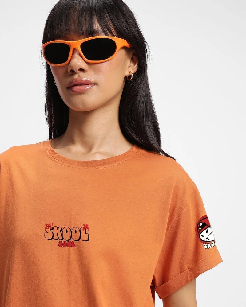 bewakoof Women's Orange Skool Graphic Printed Boyfriend T-shirt