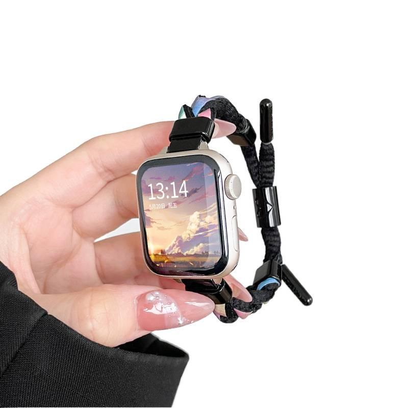 QX سوار ساعة ذكية سوار نايلون حلقي متوافق مع Apple Watch بملاءمة قابلة للتعديل وحزام بديل للاستخدام اليومي باللون أسود قابل للتعديل باللون الأسود - Image 1
