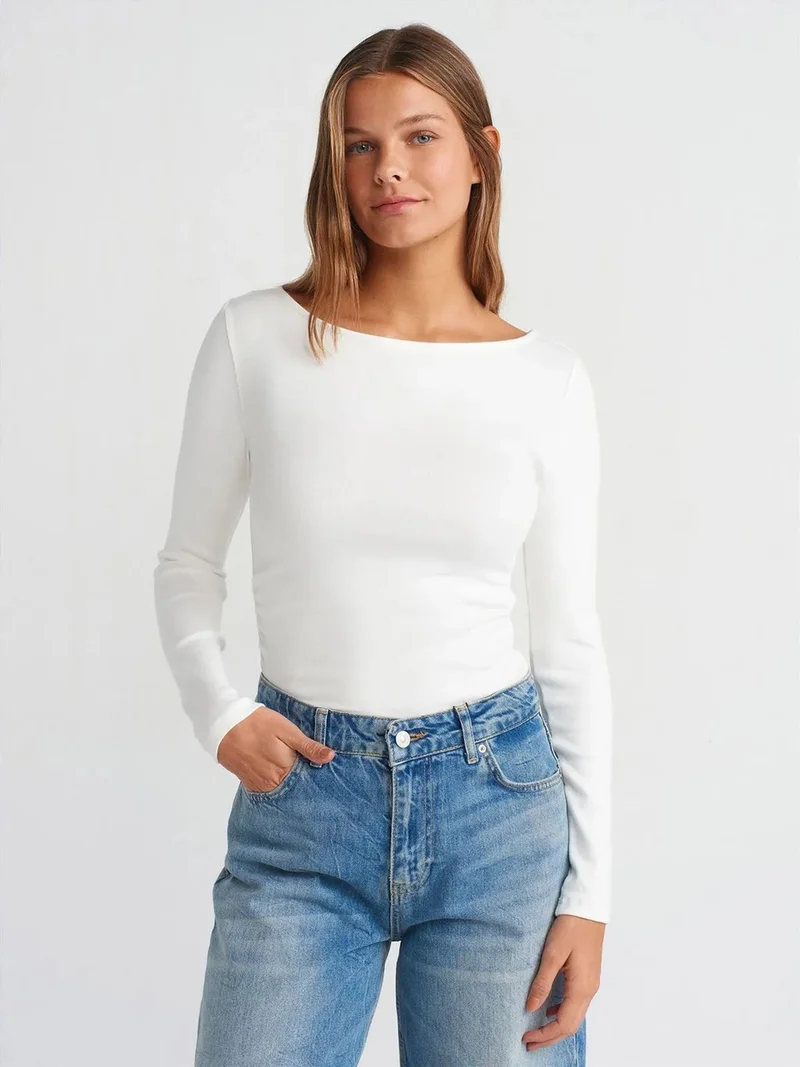 ديلفين DILVIN Slim Fit Ribbed Boat Neck Blouse