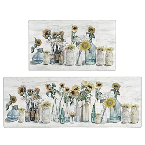 Xsinufn Sunflower Farmhouse Kitchen Rugs Set of 2Colorful Spring Summer Flowers Kitchen Rugs and Mats Non Skid WashableFarmhouse Kitchen Runner Rugs with Rubber Backing 17x4817x30 - Image 1