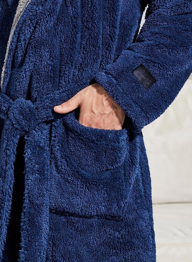 SlumberMee Mens Fleece Plush Robe with Hood Ultra Soft Fluffy Full Length Long with Pockets Luxurious House Coat, Navy Blue, L - Image 3