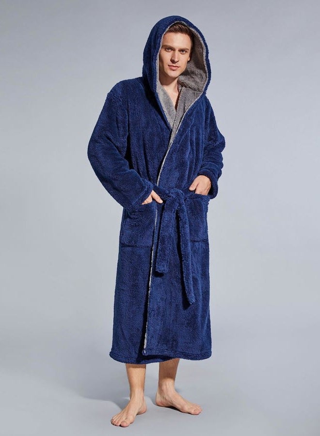 SlumberMee Mens Fleece Plush Robe with Hood Ultra Soft Fluffy Full Length Long with Pockets Luxurious House Coat, Navy Blue, L - Image 4