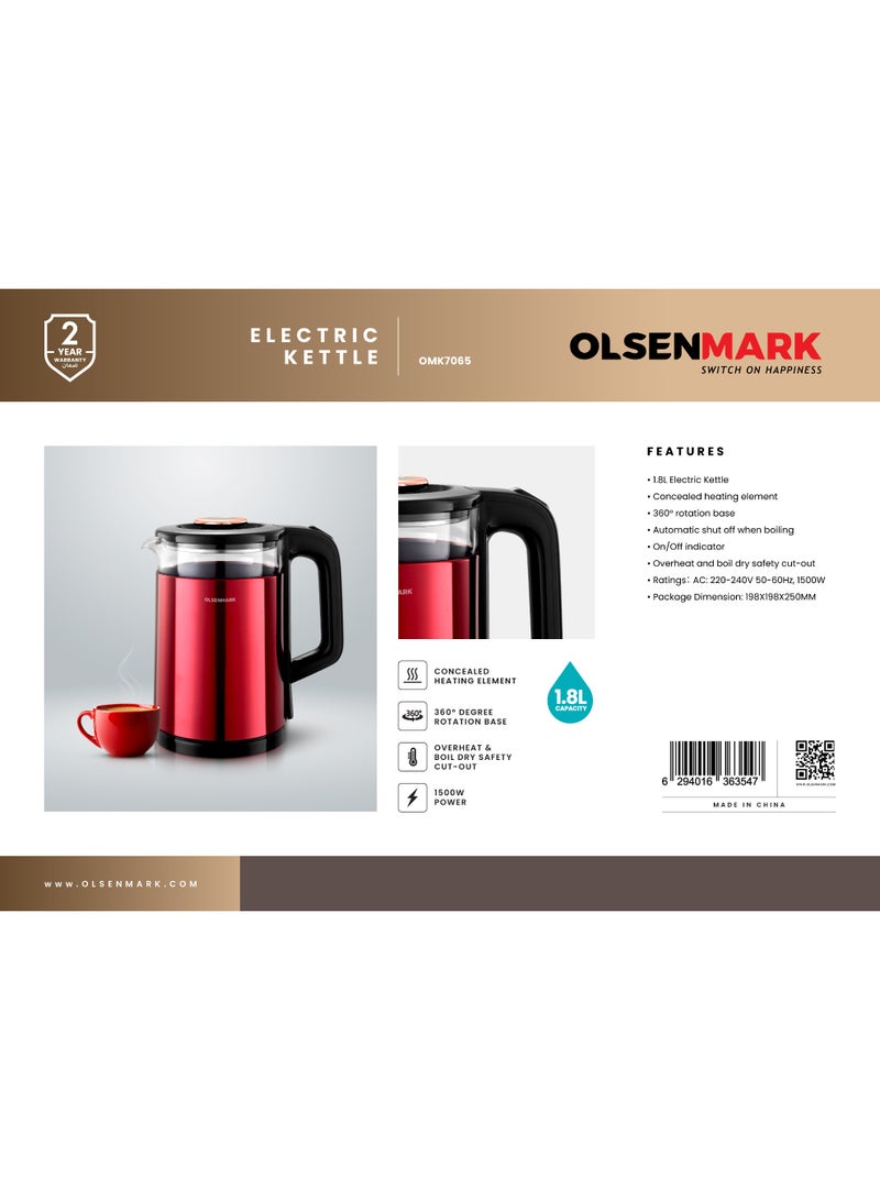 Electric Kettle | 360° Rotating Base, Safety Cut-Off, Dry Boil & Overheat Protection | 2 Years Warranty - 1.8 L 1500 W OMK7065 Black and Red