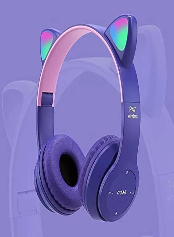 P47 Wireless Gaming Headset, Bluetooth 5.0 Cat Ear Headphones, Kids Headphones,LED Light Up Bluetooth Over Ear Headphones for Kids and Adults Wearing (Purple) - Image 1
