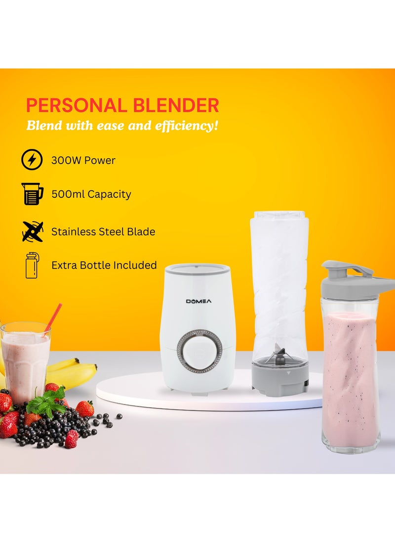 DOMEA - Electric Personal & Sports Blender 300W, Smoothie Maker for Protein Shakes, Gym, Travel, Extra 500ml Sports Bottle, Stainless Steel Blade, Portable Mini Blender for Mixing, Juices, Shakes - Image 1