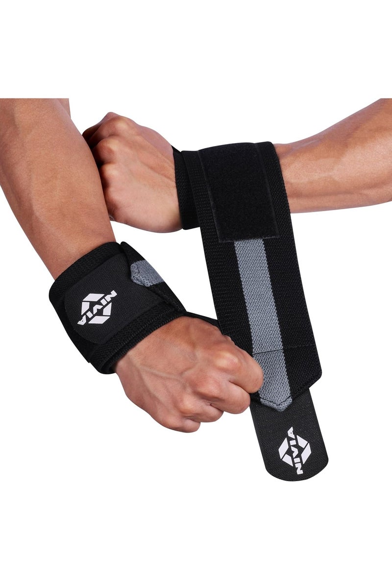 نيفيا دعامة معصم لرفع الأثقال من نيفيا مع حزام حلقي للإبهام للصالة الرياضية واللياقة البدنية/مصنوعة من شريط فيلكرو وشريط مطاطي للرجال والنساء (أسود/رمادي) - Image 1