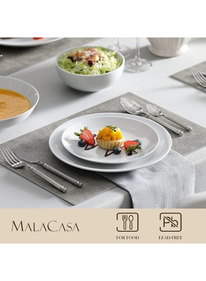 MALACASA مجموعة مالاكاسا من 24 قطعة من أدوات المائدة الخزفية الفاخرة مجموعة عشاء بيضاء عصرية دائرية لـ 6 أشخاص أطباق وخبز فاخرة للحلويات والسلطات والشوربات والمعكرونة سلسلة أميليا - Image 3