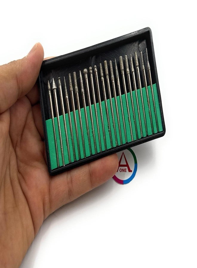 Aone Diamond Coated Bur Bit Set of 20 pieces Mandrel 2.3mm for Grinding, Engraving, Carving & Shaping on Metals, Wax, Plastic, Ceramic, Clay on Dental, Jewellery Making, Model Making, Hobby Crafts DIY - Image 1