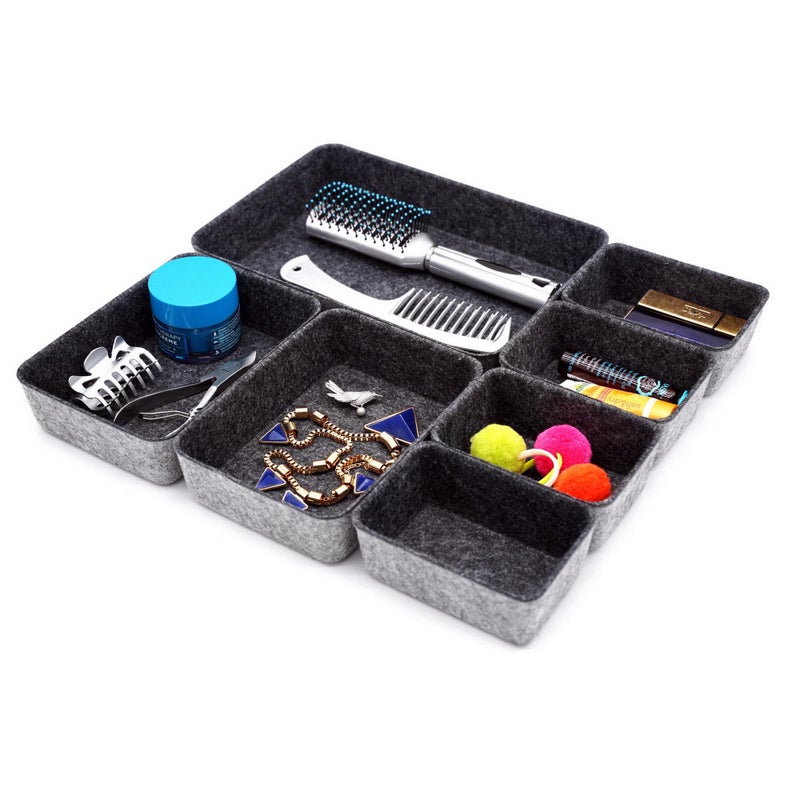 Welaxy Drawer organizers tray felt storage bin office Shallow Small Desk box Draw dividers stylish interior room decor 7-piece (Charcoal) - Image 4