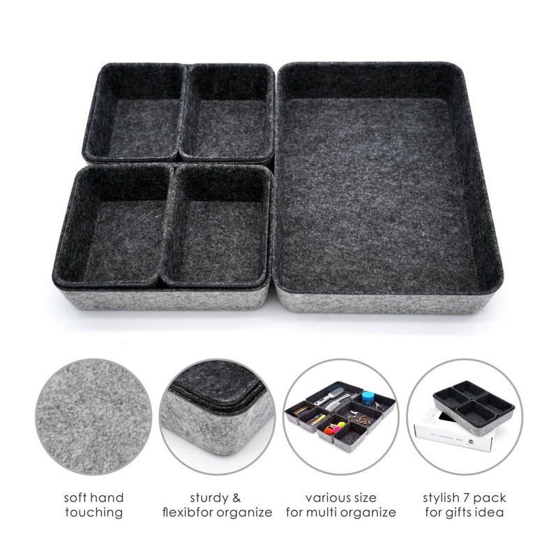 Welaxy Drawer organizers tray felt storage bin office Shallow Small Desk box Draw dividers stylish interior room decor 7-piece (Charcoal) - Image 3