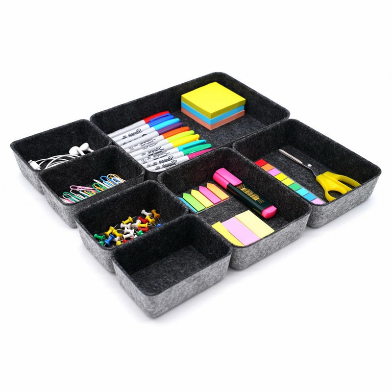 Welaxy Drawer organizers tray felt storage bin office Shallow Small Desk box Draw dividers stylish interior room decor 7-piece (Charcoal) - Image 1
