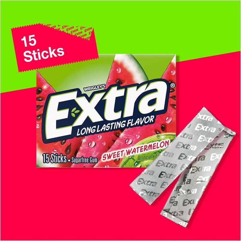 EXTRA Gum Sweet Watermelon Sugarfree, Bulk, Individually Wrapped, Long-Lasting Juicy Watermelon Flavor, Perfect for Fresh Breath at School, Work, and Travel 15 Count, Pack of 10 - Image 3