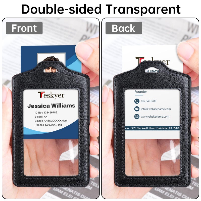 Teskyer 2 Pack Double Sided Clear Badge Holder with Lanyard, PU Leather ID Badge Name Card Holder with Stainless Steel J-Hook Nylon Lanyard for Work, School, Metro, Access, Black - Image 2