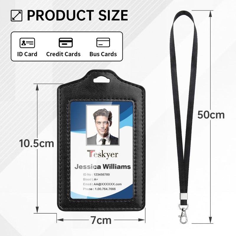 Teskyer 2 Pack Double Sided Clear Badge Holder with Lanyard, PU Leather ID Badge Name Card Holder with Stainless Steel J-Hook Nylon Lanyard for Work, School, Metro, Access, Black - Image 5