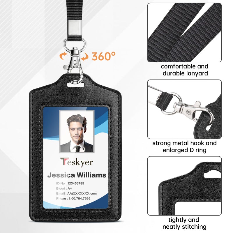 Teskyer 2 Pack Double Sided Clear Badge Holder with Lanyard, PU Leather ID Badge Name Card Holder with Stainless Steel J-Hook Nylon Lanyard for Work, School, Metro, Access, Black - Image 4