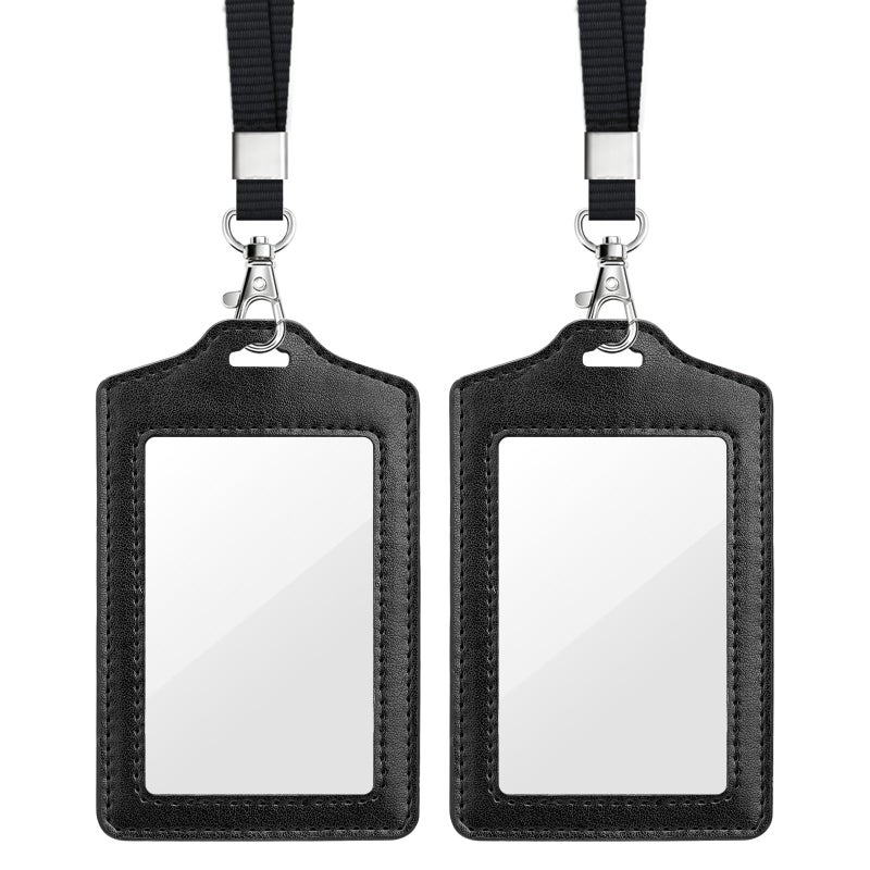 Teskyer 2 Pack Double Sided Clear Badge Holder with Lanyard, PU Leather ID Badge Name Card Holder with Stainless Steel J-Hook Nylon Lanyard for Work, School, Metro, Access, Black - Image 1