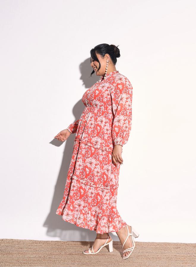 SASSAFRAS Plus Size Orange Floral V-Neck Tiered Maxi Dress - Image 3