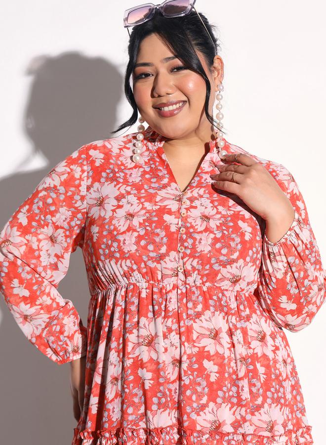 SASSAFRAS Plus Size Orange Floral V-Neck Tiered Maxi Dress - Image 4