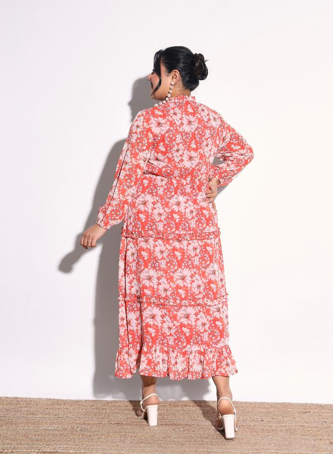 SASSAFRAS Plus Size Orange Floral V-Neck Tiered Maxi Dress - Image 5