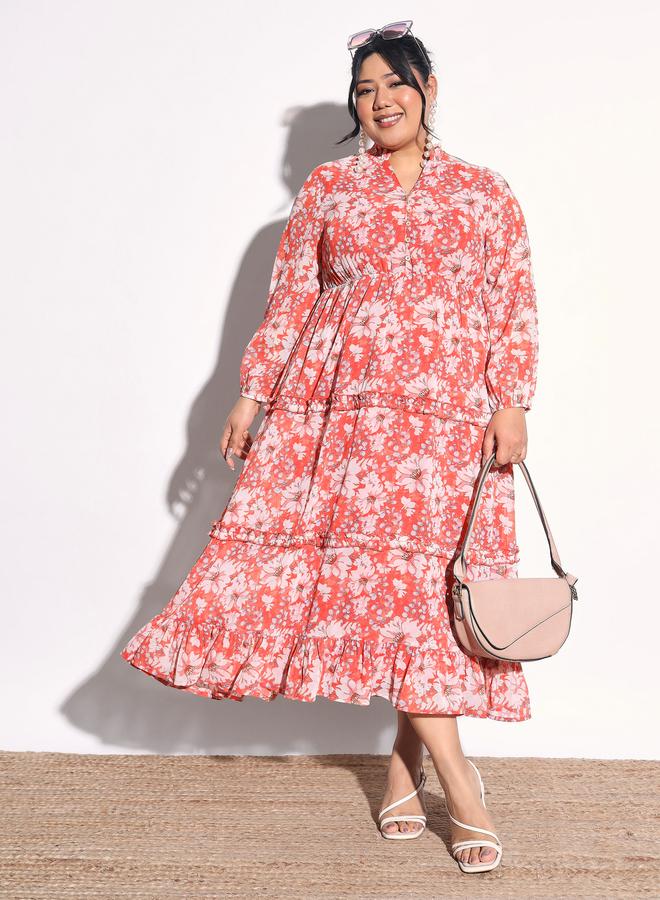 SASSAFRAS Plus Size Orange Floral V-Neck Tiered Maxi Dress - Image 1