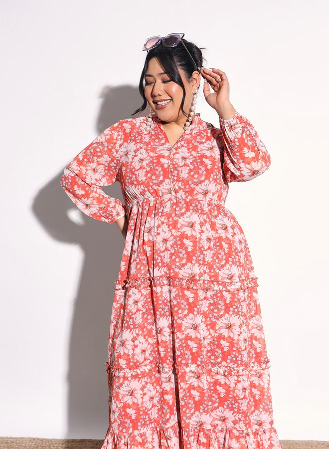 SASSAFRAS Plus Size Orange Floral V-Neck Tiered Maxi Dress - Image 2
