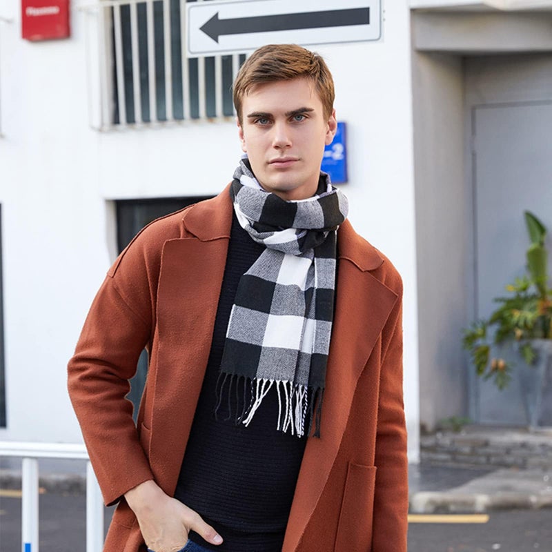 Vimate Classic Black and White Plaid Scarf for Men and Women - Image 3