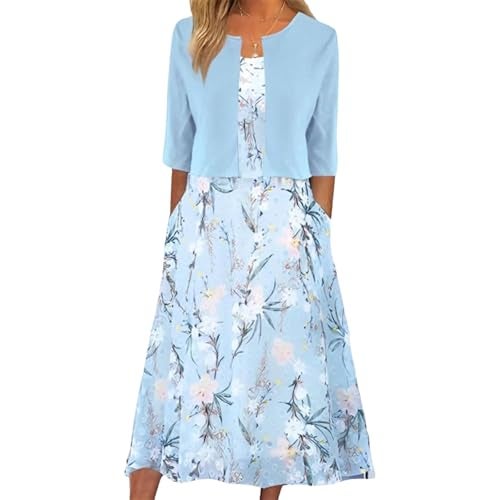 XNC Womens 2 Piece Set Fashion Fresh Plant Print Midi Dress V-Neck Half Sleeve with Jacket A-line Dresses Lounge Outfits Blue - Image 1