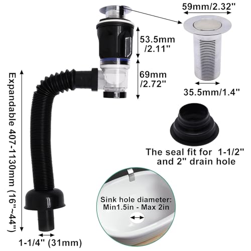 BUXIMN Bathroom Sink Drain Kit, Sink Drain Pip Kit with Strainer Basket Pop-up Stopper, Flexible P Trap for 1-1/2" & 1-1/4" Drains, for Bathroom Kitchen (Black) - Image 2
