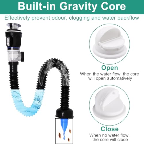 BUXIMN Bathroom Sink Drain Kit, Sink Drain Pip Kit with Strainer Basket Pop-up Stopper, Flexible P Trap for 1-1/2" & 1-1/4" Drains, for Bathroom Kitchen (Black) - Image 4