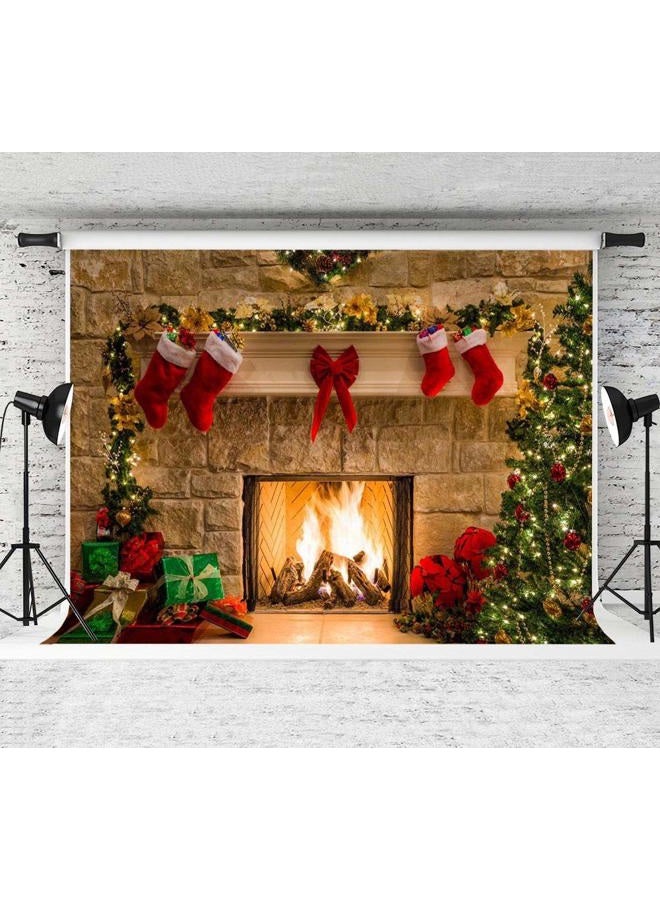 Qian Christmas Fireplace Themed Home Decorations Photography Backdrop Xmas Tree Red Sock Children Gift Birthday Party Newborn Baby Shower 5x3ft Photo Background Vinyl Studio Props Party Banner Supplies - Image 3