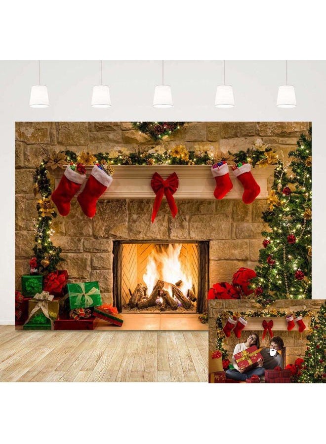 Qian Christmas Fireplace Themed Home Decorations Photography Backdrop Xmas Tree Red Sock Children Gift Birthday Party Newborn Baby Shower 5x3ft Photo Background Vinyl Studio Props Party Banner Supplies - Image 1