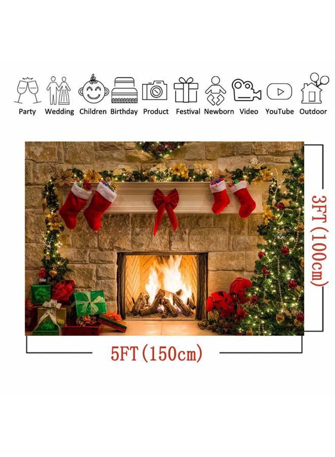 Qian Christmas Fireplace Themed Home Decorations Photography Backdrop Xmas Tree Red Sock Children Gift Birthday Party Newborn Baby Shower 5x3ft Photo Background Vinyl Studio Props Party Banner Supplies - Image 5