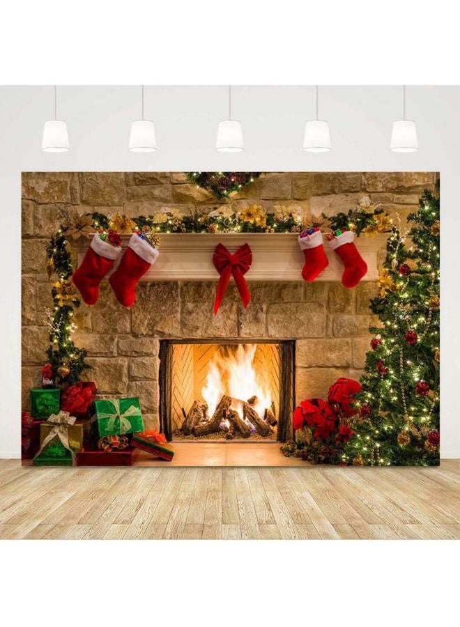 Qian Christmas Fireplace Themed Home Decorations Photography Backdrop Xmas Tree Red Sock Children Gift Birthday Party Newborn Baby Shower 5x3ft Photo Background Vinyl Studio Props Party Banner Supplies - Image 2
