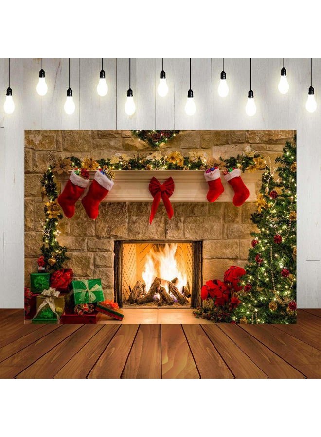 Qian Christmas Fireplace Themed Home Decorations Photography Backdrop Xmas Tree Red Sock Children Gift Birthday Party Newborn Baby Shower 5x3ft Photo Background Vinyl Studio Props Party Banner Supplies - Image 4