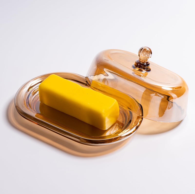 QIANCHANG 7.5" Glass Butter Dish with Lid for Countertop, Elegant Champagne-Colored Crystal Butter Stick Holder Container - Image 2