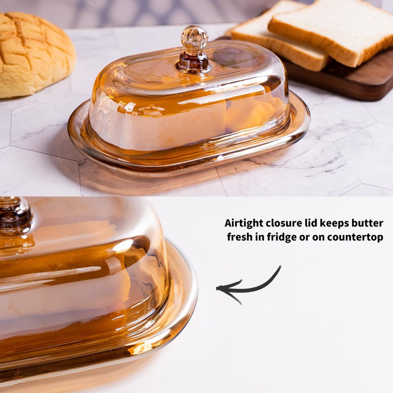 QIANCHANG 7.5" Glass Butter Dish with Lid for Countertop, Elegant Champagne-Colored Crystal Butter Stick Holder Container - Image 5