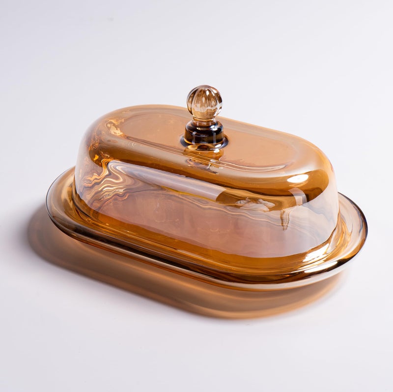 QIANCHANG 7.5" Glass Butter Dish with Lid for Countertop, Elegant Champagne-Colored Crystal Butter Stick Holder Container - Image 1