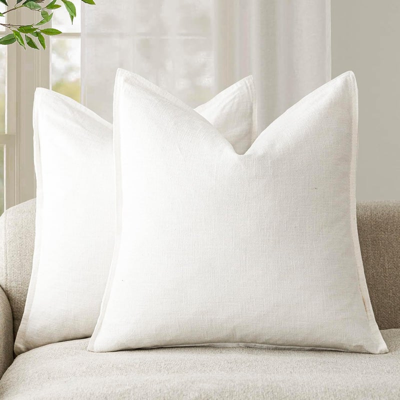 Foindtower Pack of 2, Decorative Linen Soild Throw Pillow Covers Soft Accent Cushion Case Boho Farmhouse Neutral Pillowcase for Chair Couch Sofa Bedroom Living Room Home Decor 26 x 26 Inch Cream White - Image 1