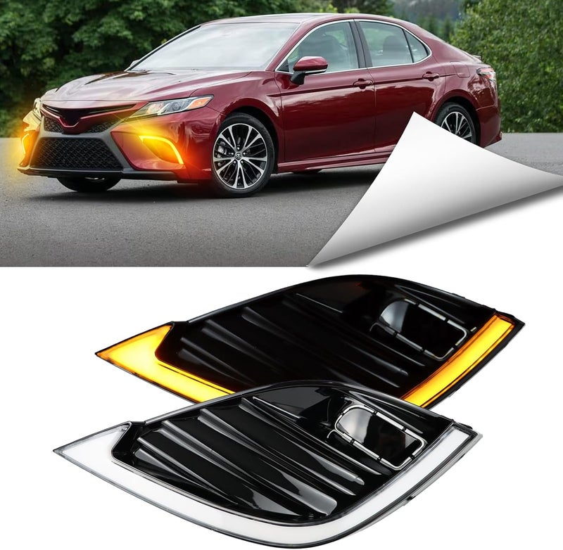 BINQIGOO LED Daytime Running Light for Toyota Camry SE XSE 2018-2020 - Front Bumper Fog Light Cover Bezel with White DRL and Amber Turn Signal - Image 1