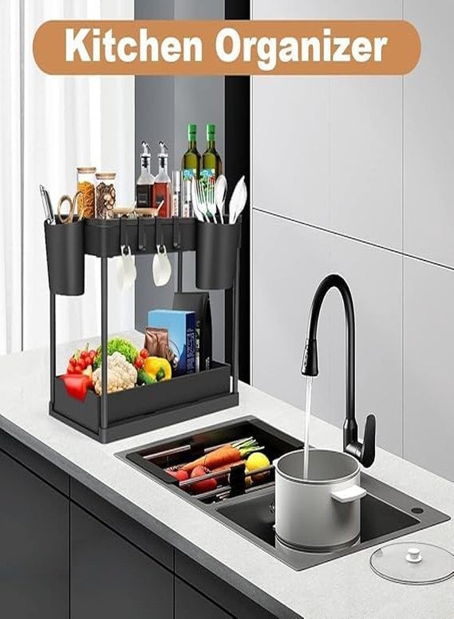 DHULKI1 Pack Under Sink Organizer Rack, 2-Tier Sliding Cabinet Basket Organizer Drawer with Hooks, Multi-Purpose Under Sink Organizers and Storage for Cosmetic, Bathroom, Kitchen - Image 4