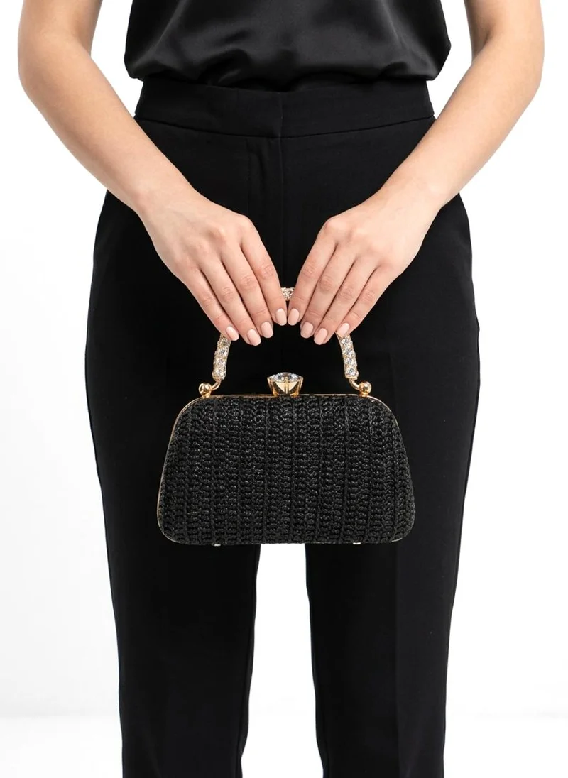 Viny Women's Woven Clutch Bag – Crystal Embellished Handle & Floral Clasp – Parties, Weddings & Special Occasions – Beige, Brown, Khaki, Black