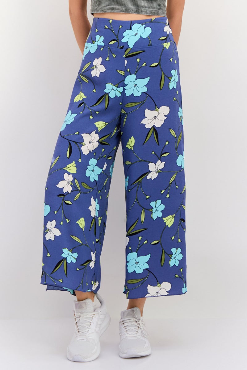 Hurley Women Regular Fit Floral Wide Leg Pants, Blue - Image 1