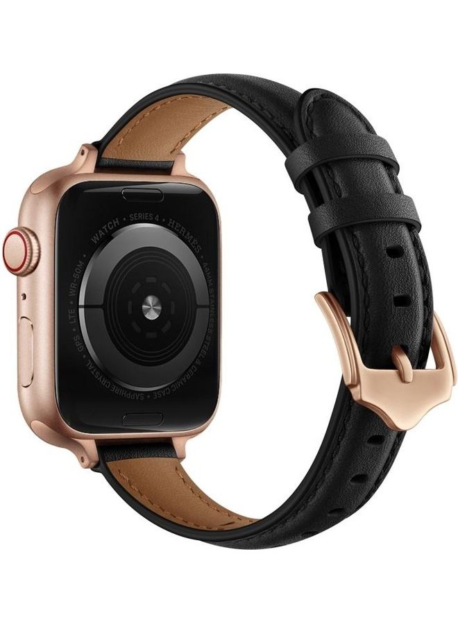 NIBEMINENT Business Style Leather Replacement Strap Watchband For Apple Watch Series 7/6/5/4/3/2/1/SE 38/40/41mm Black/Rose Gold - Image 3
