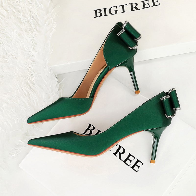 326-Ah36M Korean Fashion Banquet Women'S Shoes High Heeled Thin Heeled Shallow Mouth Pointed Side Hollow Bow Shoes - Image 3