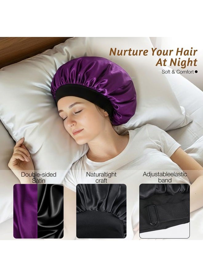 XRACEPHOL 2PCS Bonnets for Sleeping Double Layer Satin Silk Bonnet for Sleeping Women Adjustable Sleep Cap Elastic Wide Band Hair Bonnet for Curly Hair（Gold+Purple） - Image 5