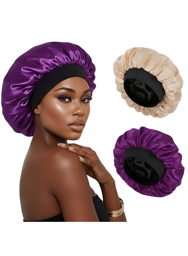 XRACEPHOL 2PCS Bonnets for Sleeping Double Layer Satin Silk Bonnet for Sleeping Women Adjustable Sleep Cap Elastic Wide Band Hair Bonnet for Curly Hair（Gold+Purple） - Image 1