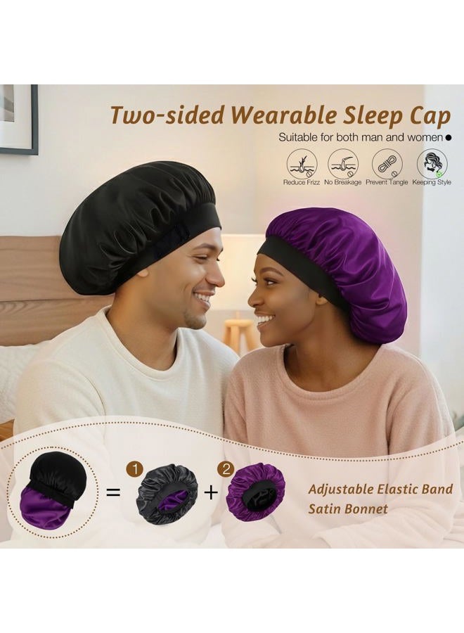 XRACEPHOL 2PCS Bonnets for Sleeping Double Layer Satin Silk Bonnet for Sleeping Women Adjustable Sleep Cap Elastic Wide Band Hair Bonnet for Curly Hair（Gold+Purple） - Image 4