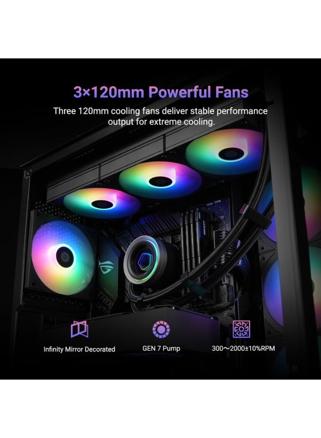 Terabyte ID-COOLING FX360 INF 360mm Liquid CPU Cooler, AIO Cooler with ARGB Infinity Mirror Effect, 3x120mm Daisy-Chained Fans Low-Noise Operating 27.2dB(A) Max., Intel LGA1851/1700/1200/115X & AMD AM5/AM4 - Image 4