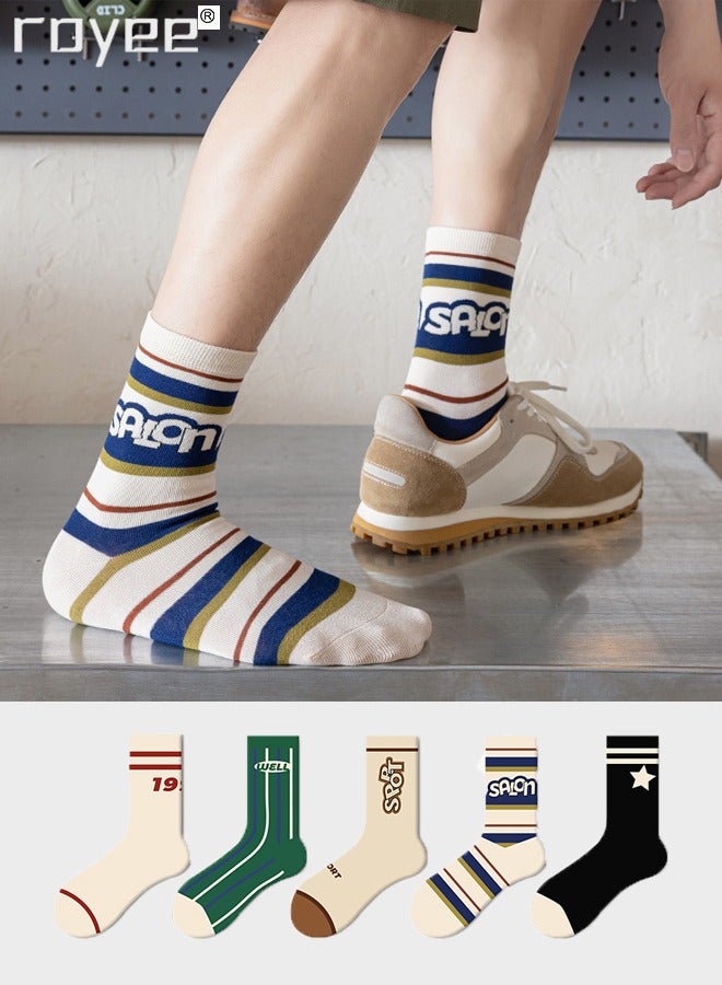 Royee 5 Pairs of Men's Mid Length Cotton Socks, Vintage Maillard Sports Stockings, Suitable for All Seasons  - Image 1