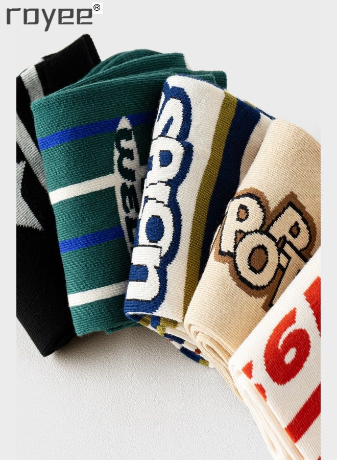 Royee 5 Pairs of Men's Mid Length Cotton Socks, Vintage Maillard Sports Stockings, Suitable for All Seasons  - Image 2